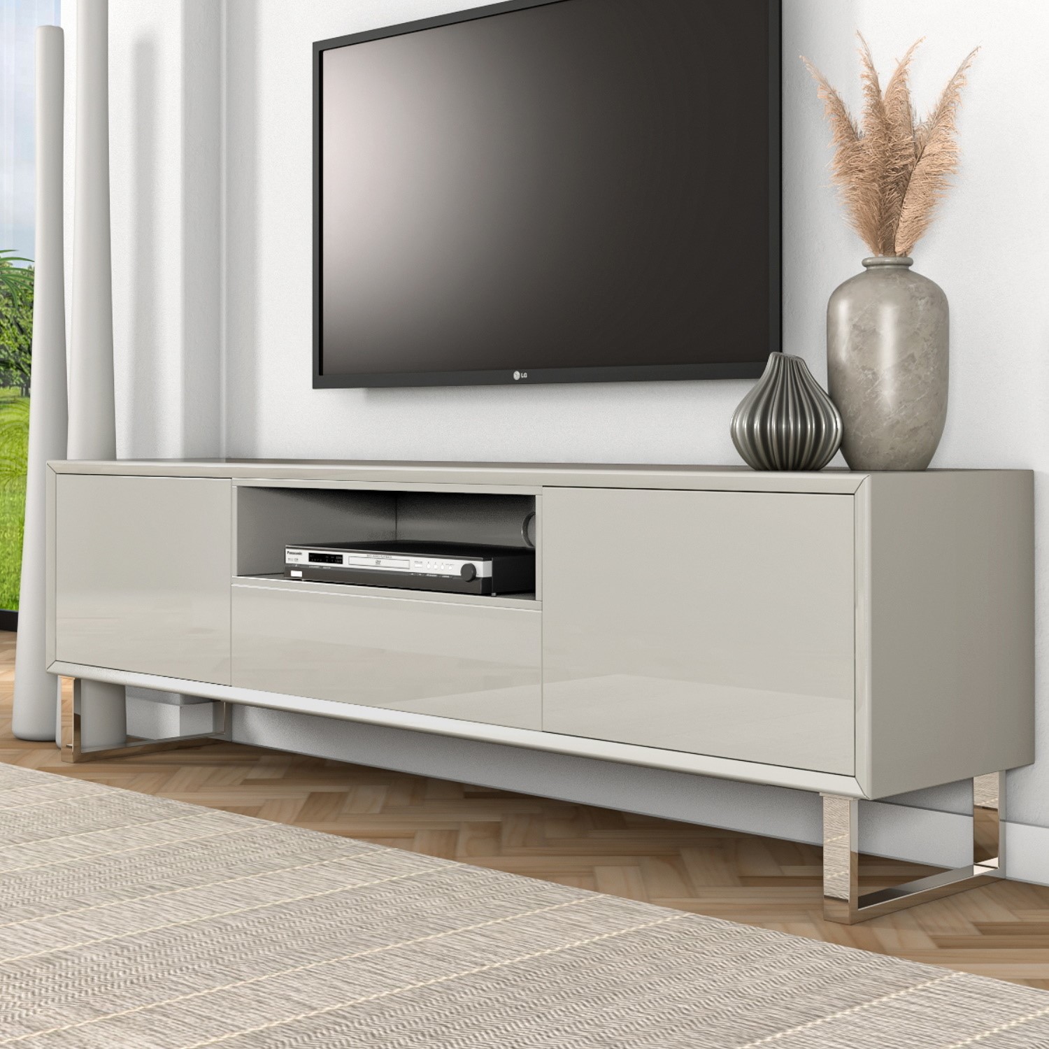 Photo of Wide taupe gloss tv stand with storage - tvs up to 77 - paloma