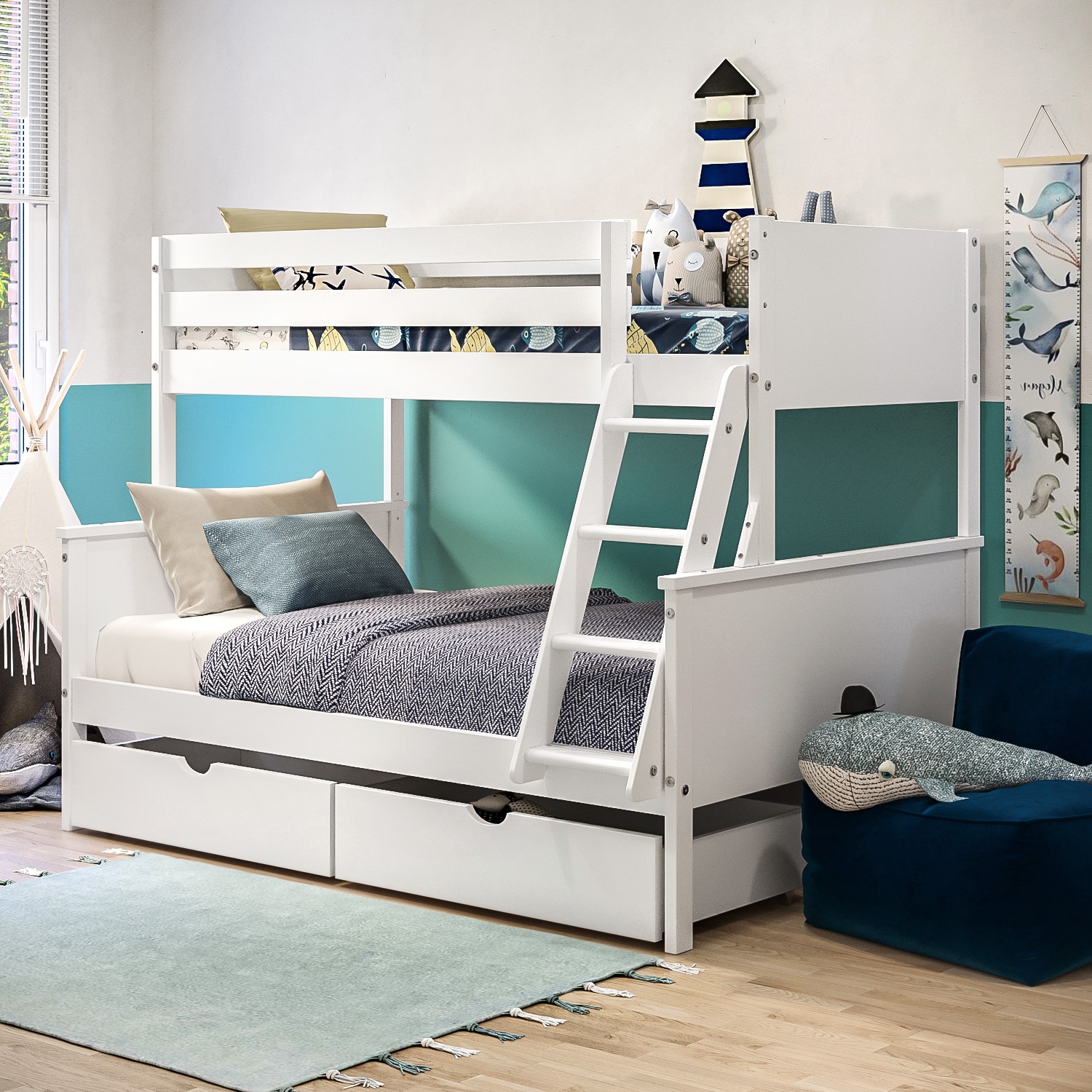 Photo of White wooden triple sleeper bunk bed with storage drawers - parker