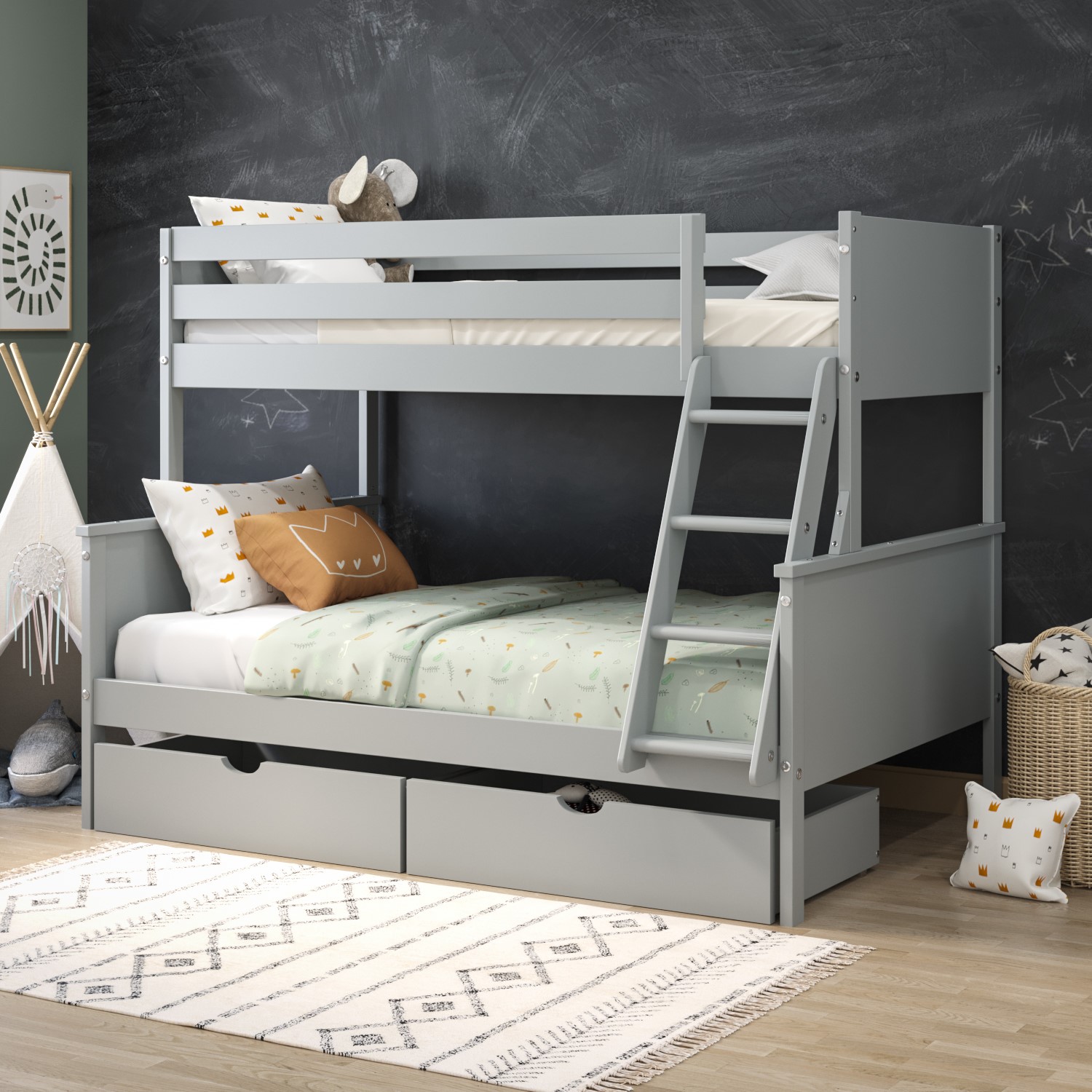 Photo of Grey wooden triple sleeper bunk bed with storage drawers - parker