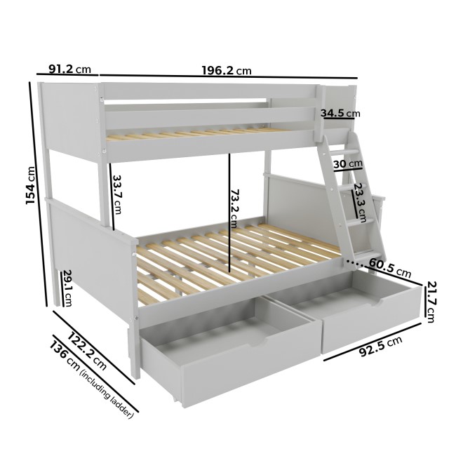 Grey Triple Sleeper Bunk Bed with Storage Drawers - Parker 