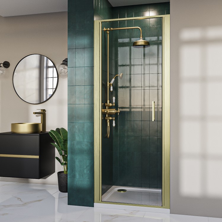 800mm Brushed Brass Hinged Shower Door 8mm Glass - Pavo