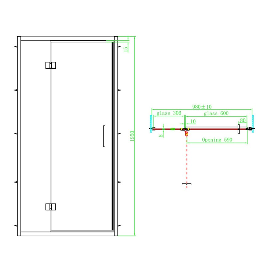 1000mm Black Hinged Shower Door 8mm Glass - Pavo