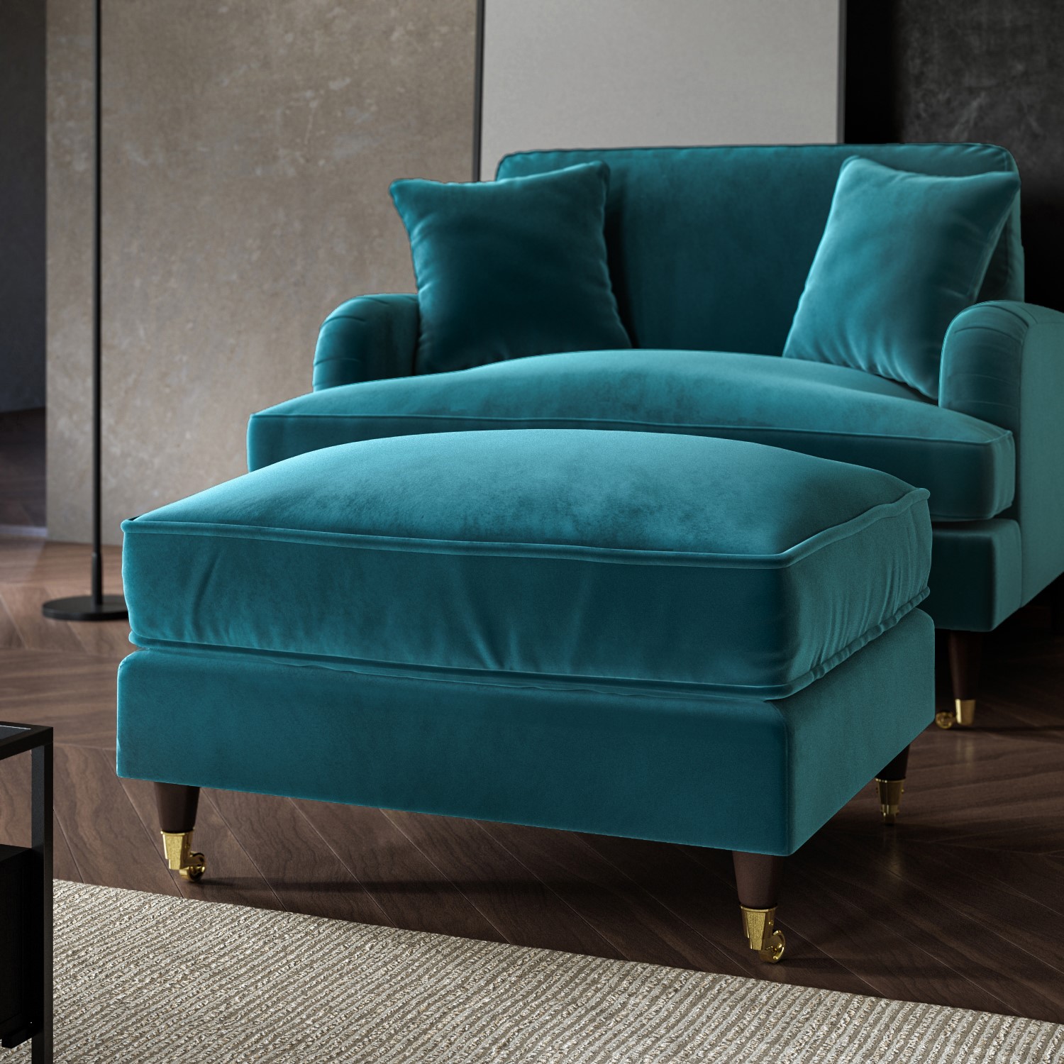 Payton Blue Large Teal Velvet Footstool