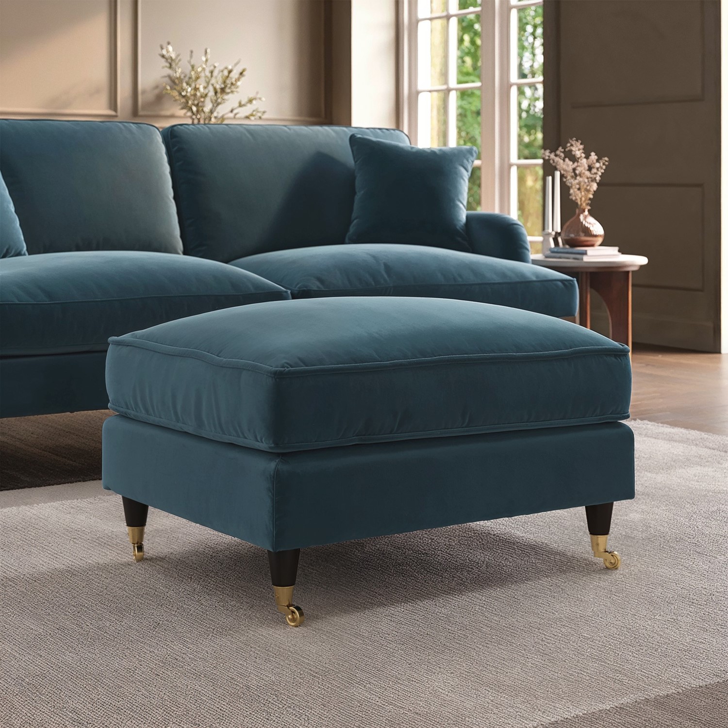 petrol blue velvet footstool payton