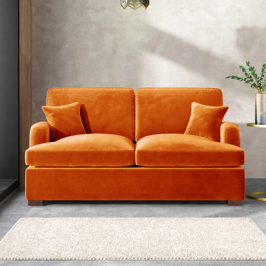 GRADE A1 - Orange Velvet 2 Seater Pull Out Sofa Bed - Payton