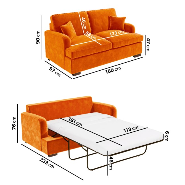 Orange Velvet Pull Out Sofa Bed - Seats 2 - Payton