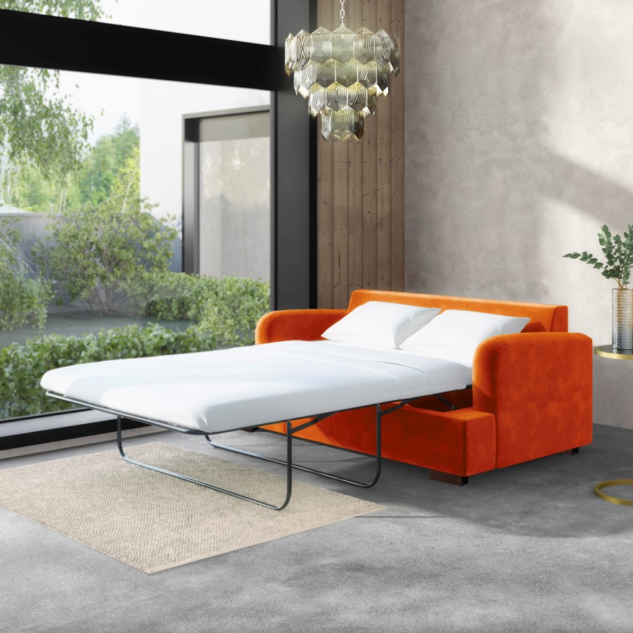 GRADE A1 - Orange Velvet 2 Seater Pull Out Sofa Bed - Payton