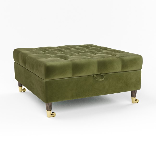 ALMOST PERFECT - Large Olive Green Chesterfield Footstool with Storage & Wheels - Payton