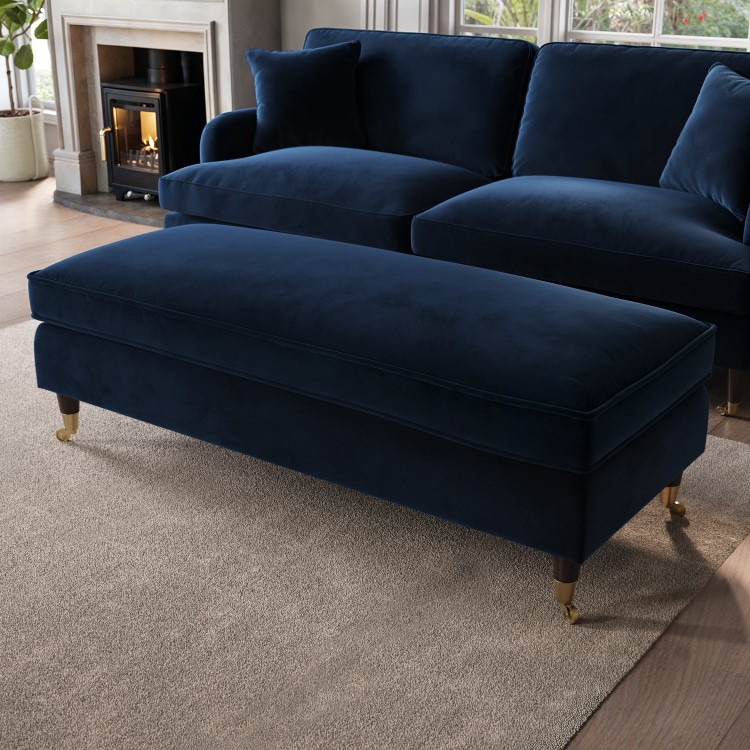 Navy Velvet Long Footstool - Payton