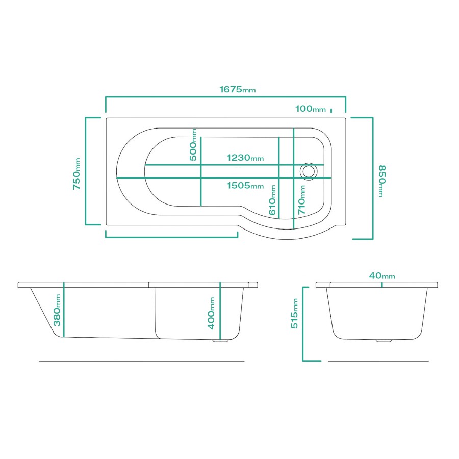 Portland Left Hand P Shaped Shower Bath - 1675 x 850 x 750mm