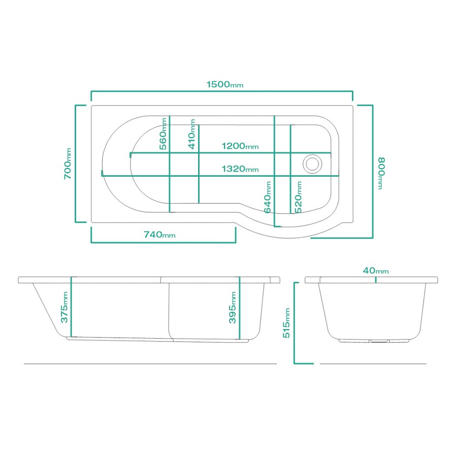 Portland Left Hand P Shaped Shower Bath - 1500 x 800 x 700mm
