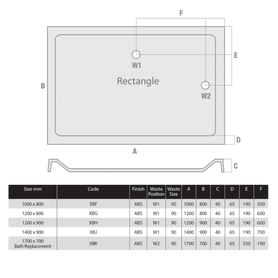1000x800mm Rectangular Shower Tray - Black Acrylic Stone Resin - Pearl