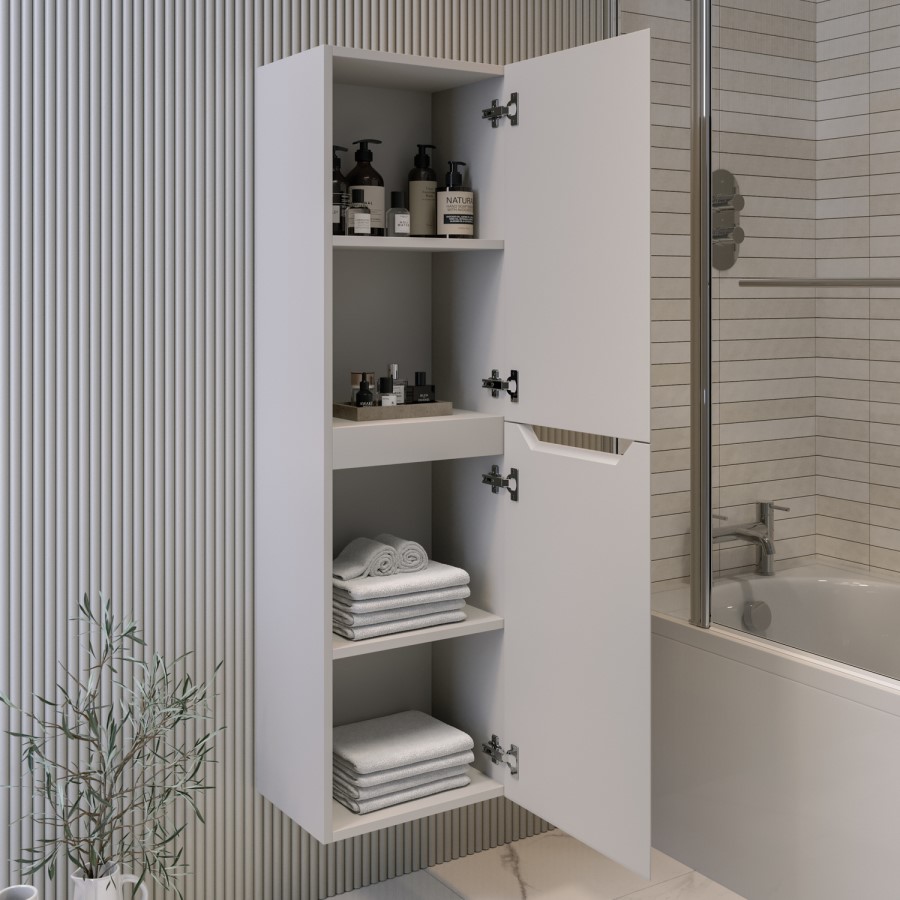 Beige Double Door Wall Mounted Tall Bathroom Cabinet 400x1400mm Storage Unit - Pendle