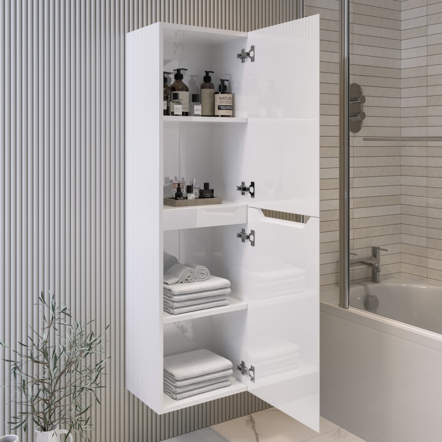 White Double Door Wall Mounted Tall Bathroom Cabinet 400x1400mm Storage Unit - Pendle