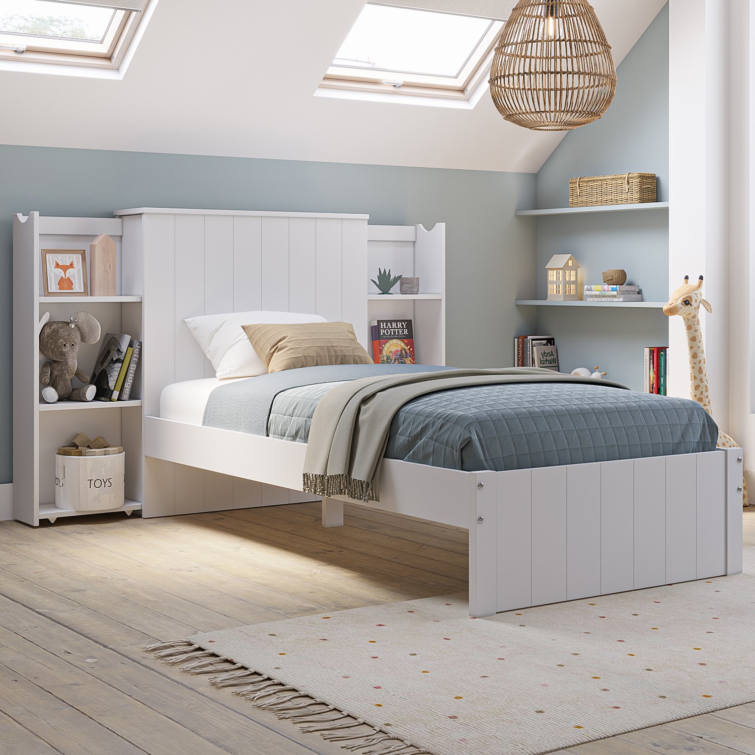 Kids Single White Wooden Bed Frame with Storage Headboard - Pery ...