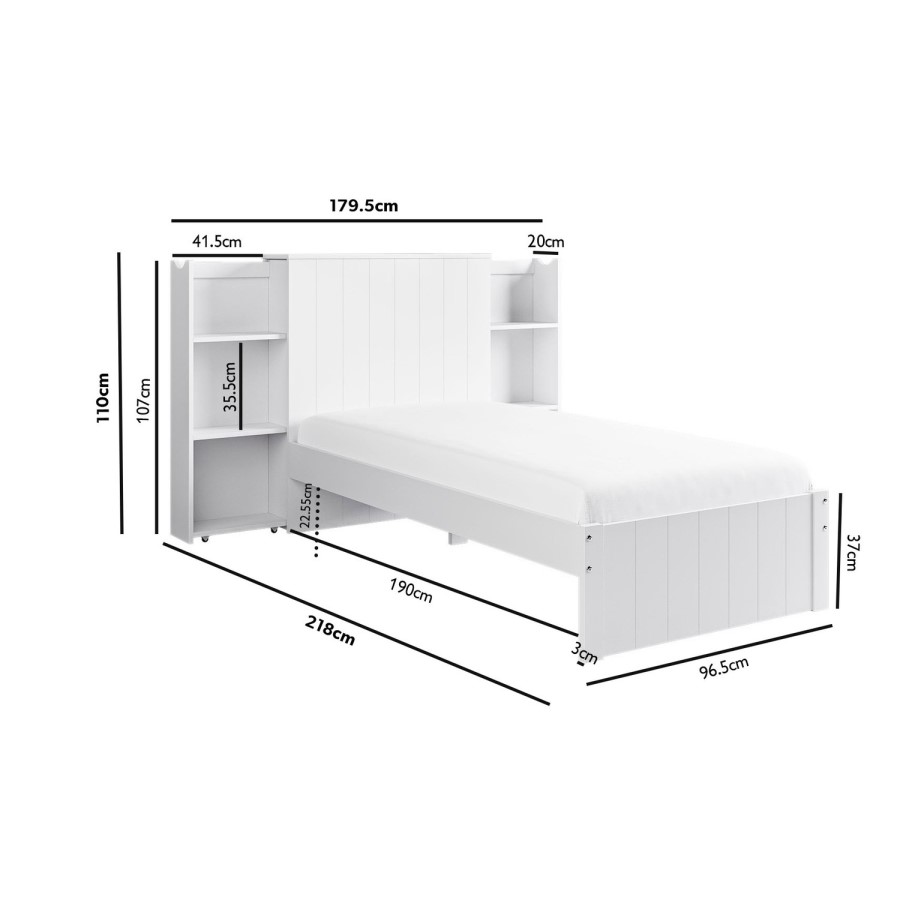 Kids Single White Wooden Bed Frame with Storage Headboard - Pery