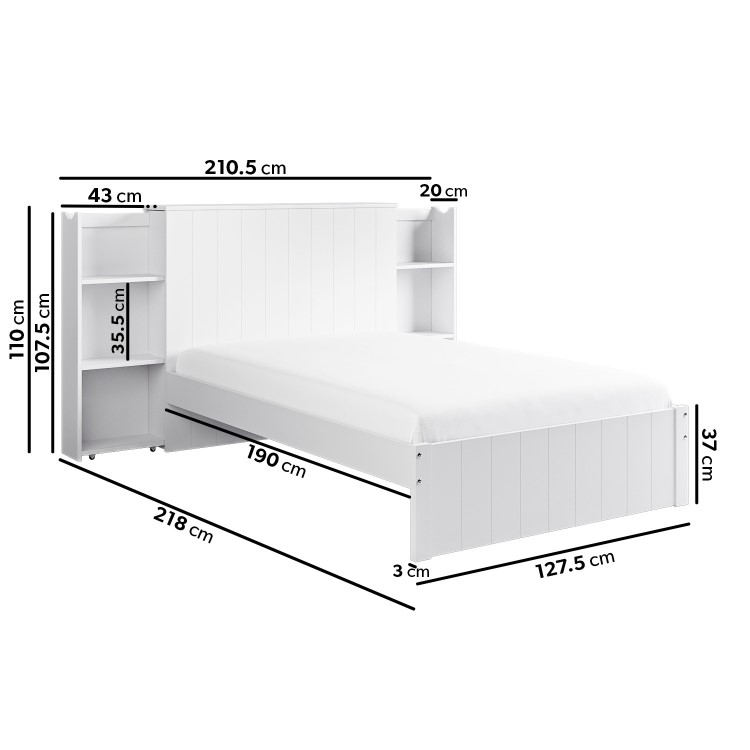 Small Double White Wooden Bed Frame with Storage Shelf Headboard - Pery