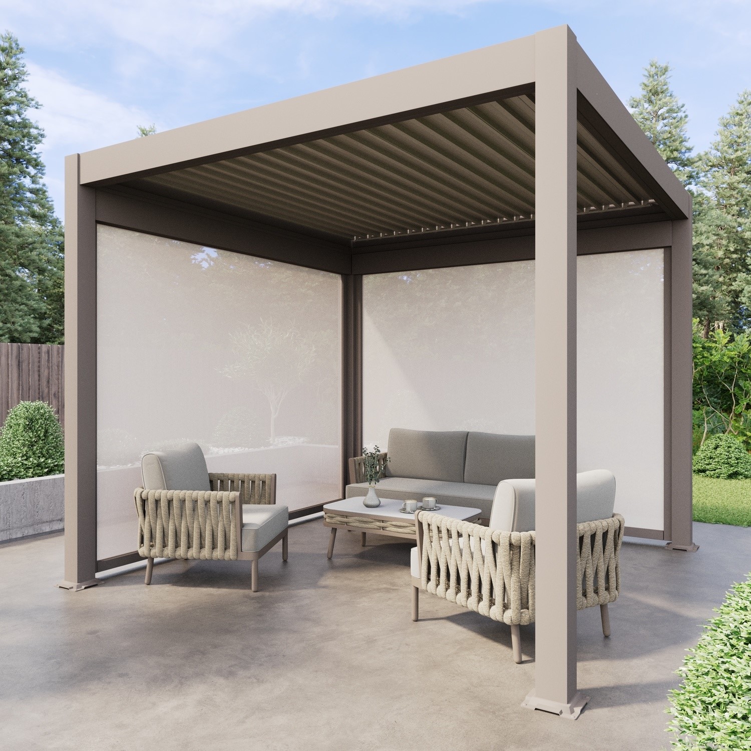 3 x 3m Heavy Duty Aluminium Pergola Louvred Shutter Roof Two Textilene Side Panels