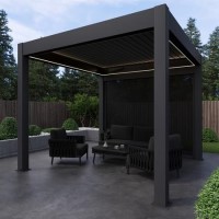 3 x 3m LED Light Heavy Duty Charcoal Aluminium with Automatic Louvred Shutter Roof and Two Textilene Side Panels