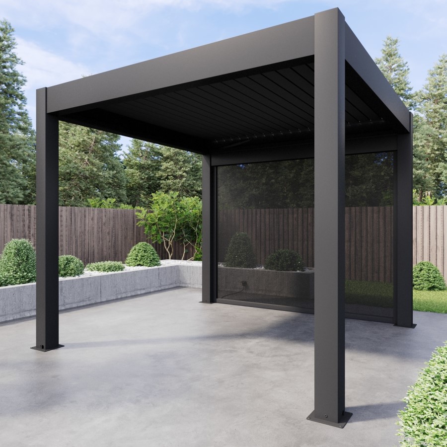 3 x 3m LED Light Heavy Duty Charcoal Aluminium with Automatic Louvred Shutter Roof and Two Textilene Side Panels