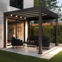3 x 3m LED Light Heavy Duty Charcoal Aluminium Pergola with Louvred Shutter Roof Two Textilene Side Panels