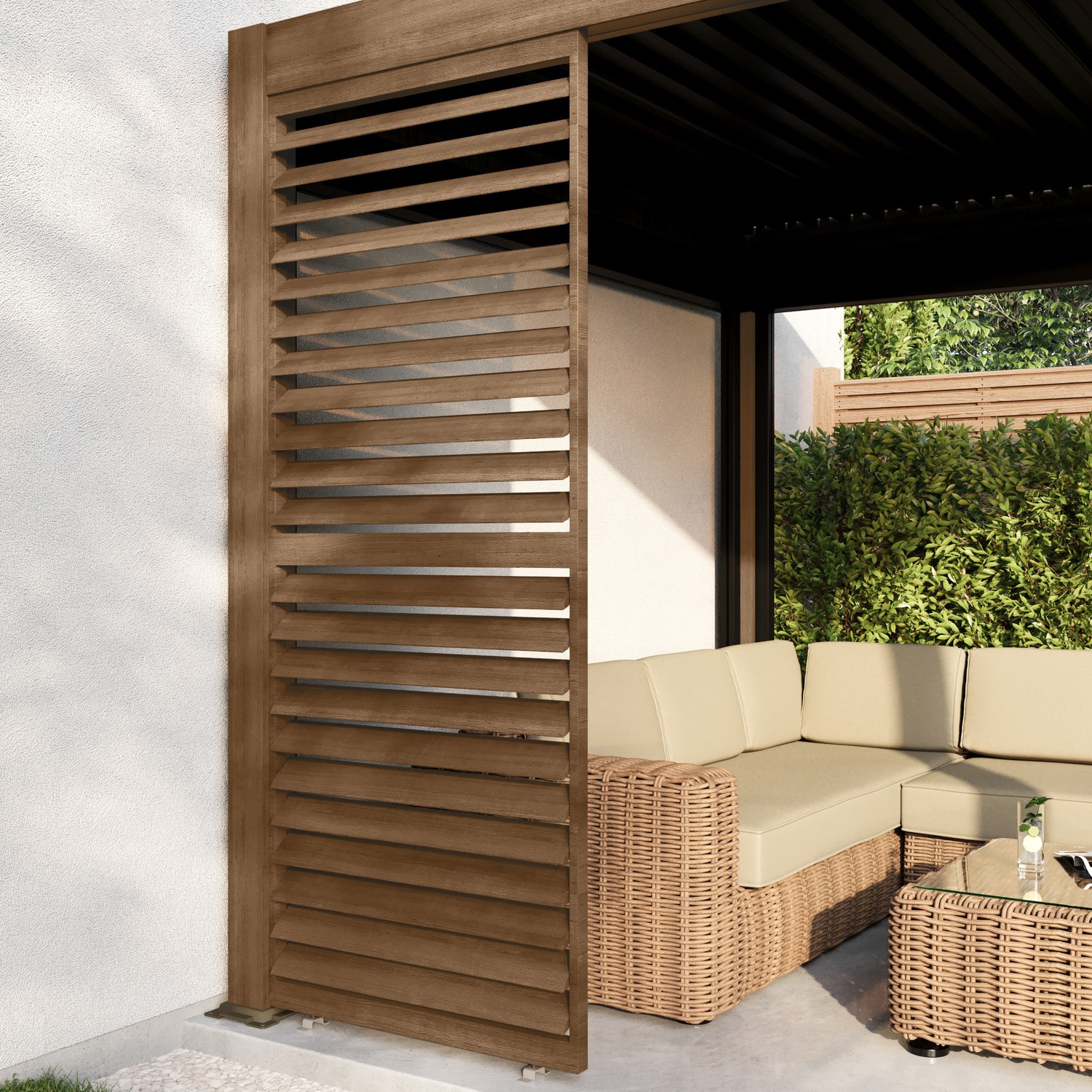Heavy Duty Aluminium Single Slatted Adjustable Pergola Screen Wood Effect