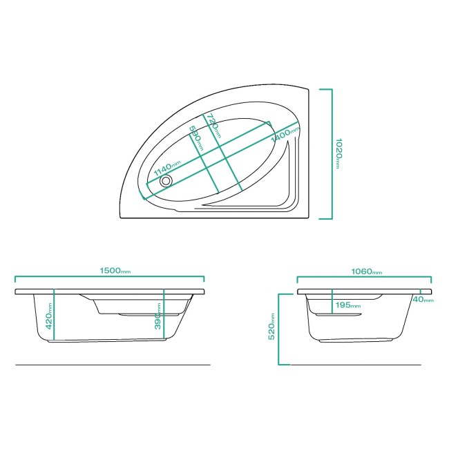 Osborne Right Hand Corner Bath - 1500 x 1040mm