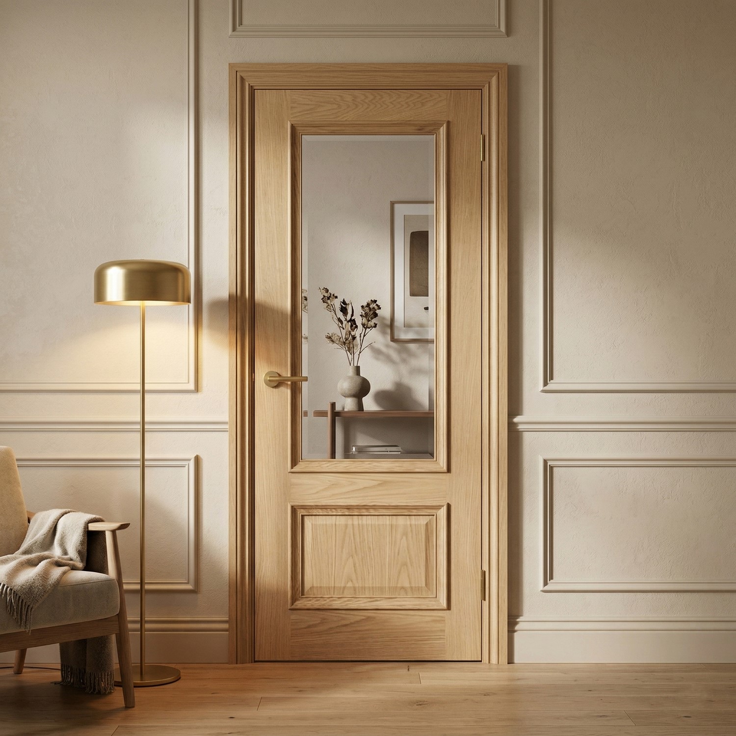 Internal Oak Half Glazed Door Clear Bevelled Glass Pre Finished 1981 x 762 x 35mm Nelson