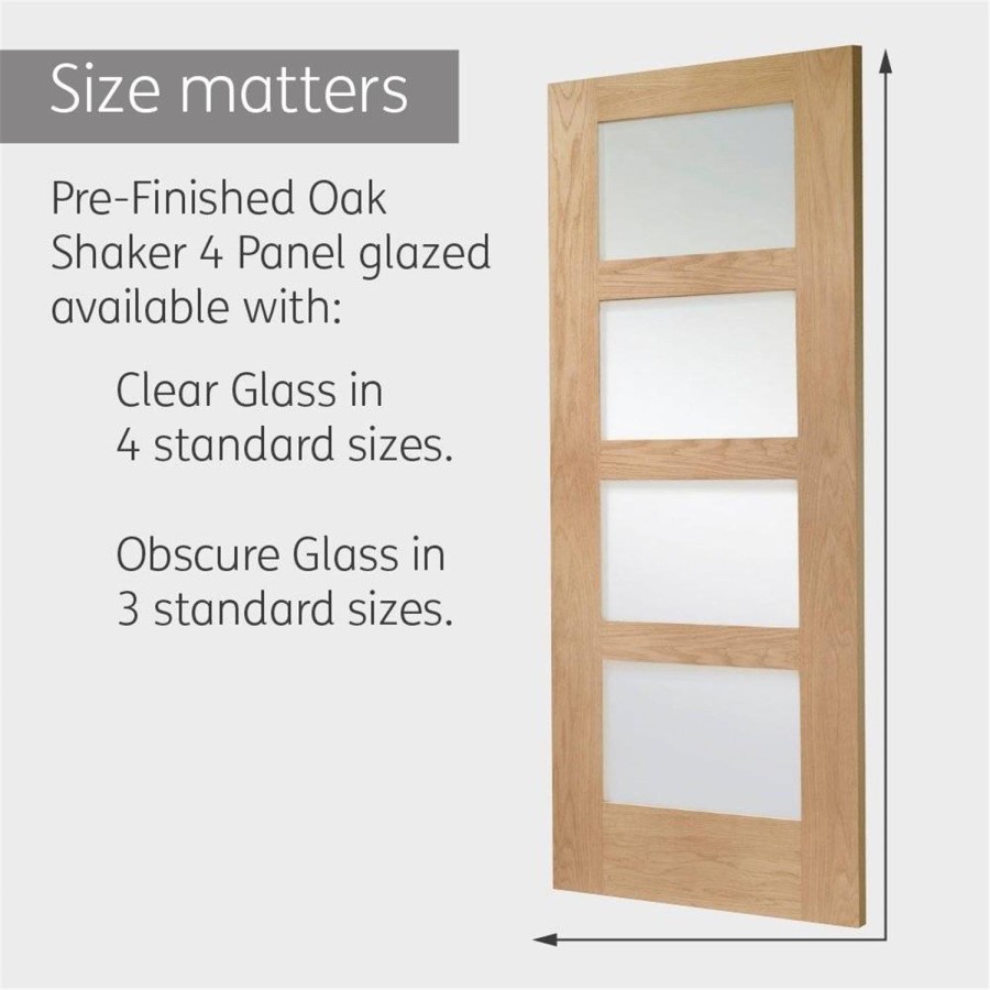 Internal Oak 4-Panel Shaker Door with Clear Glass - Pre-Finished - 2040 x 826 x 40mm - 4 Light - XL Joinery