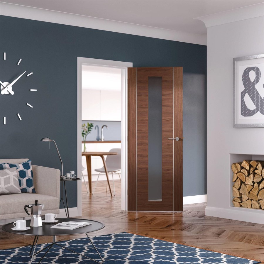 Internal Walnut Glazed Door with Clear Glass and Aluminium Detail - Pre-Finished - 1981 x 762 x 35mm - Forli - XL Joinery