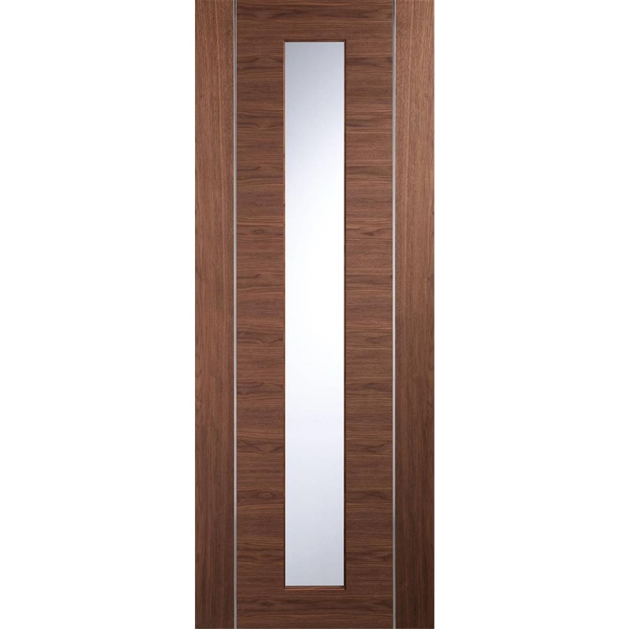 Internal Walnut Glazed Door with Clear Glass and Aluminium Detail - Pre-Finished - 1981 x 762 x 35mm - Forli - XL Joinery