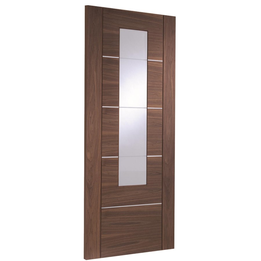 Internal Walnut Glazed Door with Clear Etched Glass and Aluminium Detail - Pre-Finished - 1981 x 838 x 35mm - Portici - XL Joinery