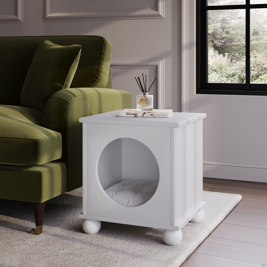 Indoor Cat House Side Table with Washable Cushion in White