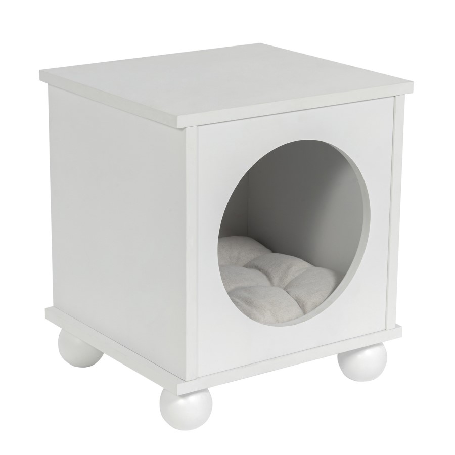 Indoor Cat House Side Table with Washable Cushion in White