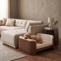PFR027 Beige Fabric Pet Bed with Walnut Ribbed Sides - Washable Cover