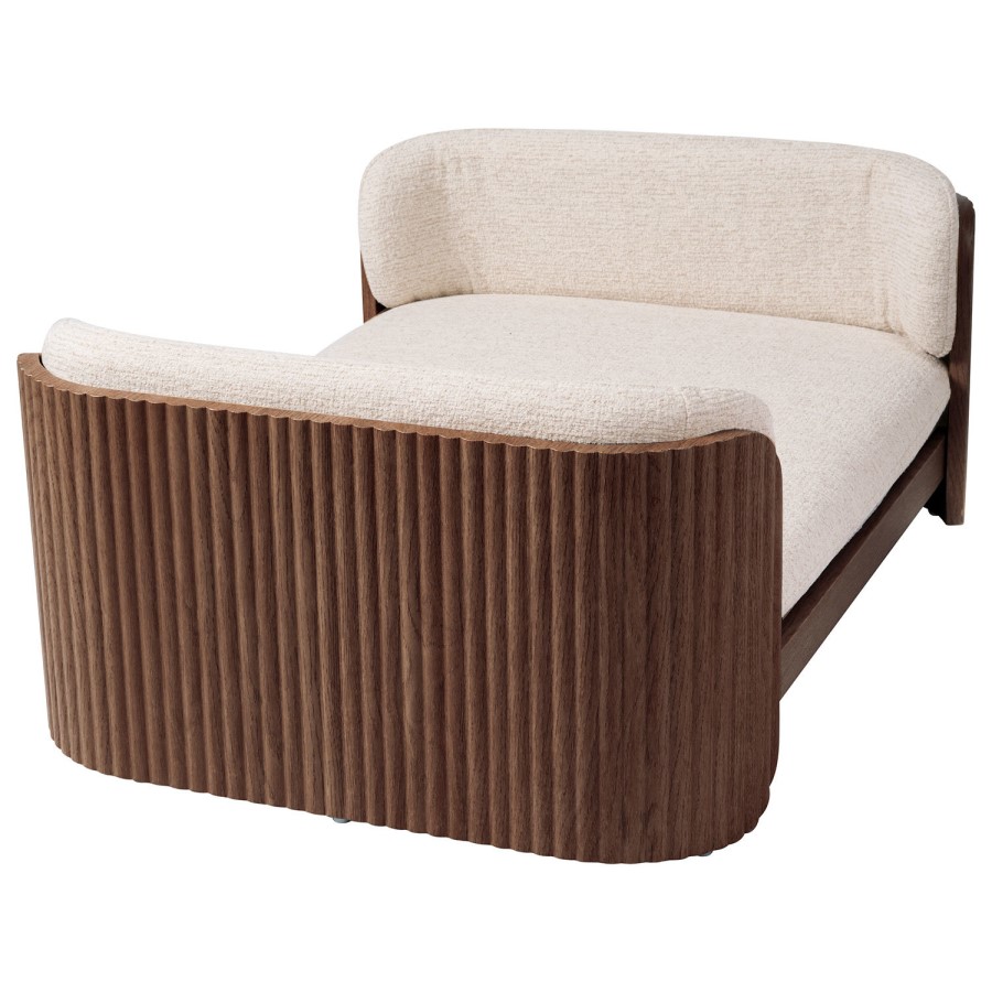 Beige Fabric Pet Bed with Walnut Ribbed Sides - Washable Cover