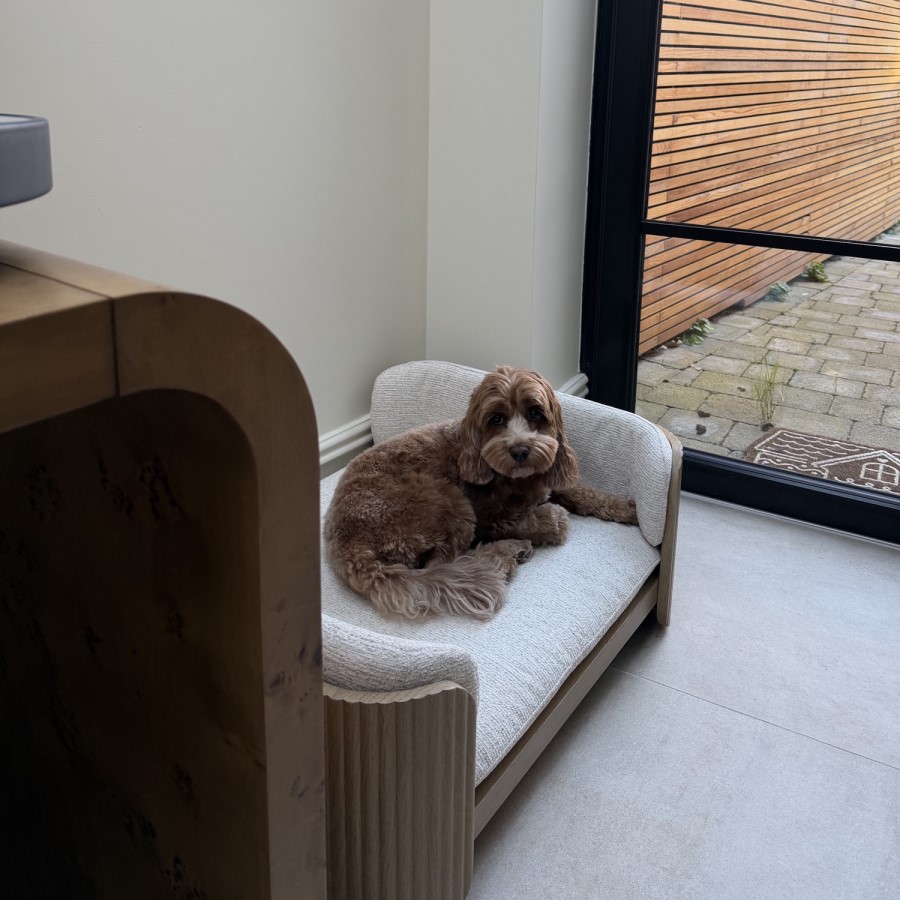 Beige Fabric Pet Bed with Oak Ribbed Sides - Washable Cover