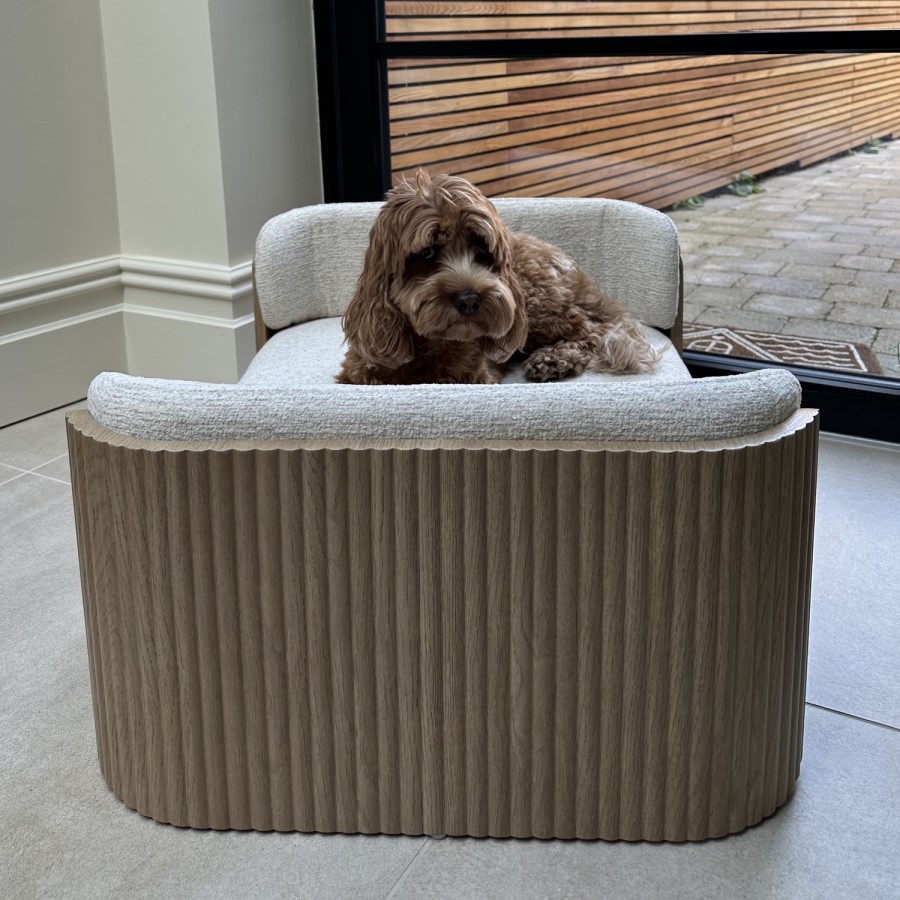 Beige Fabric Pet Bed with Oak Ribbed Sides - Washable Cover