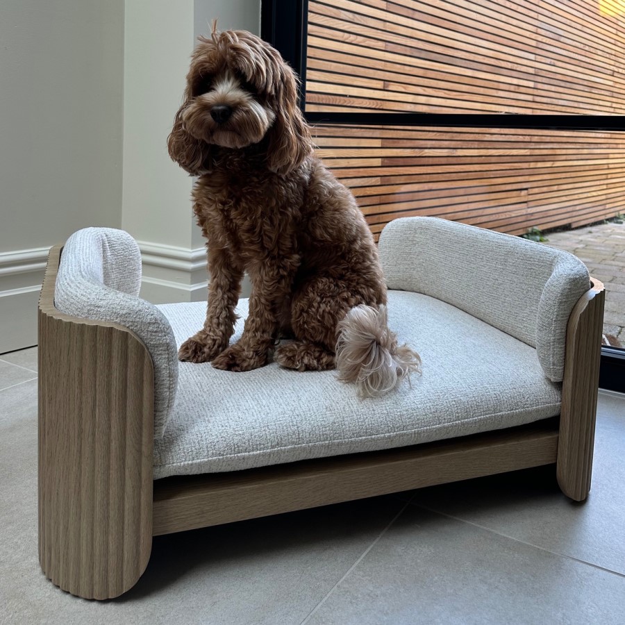Beige Fabric Pet Bed with Oak Ribbed Sides - Washable Cover