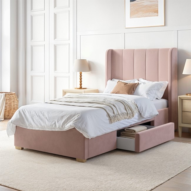 Pink Velvet Single Bed Frame with Storage Drawer - Phoebe