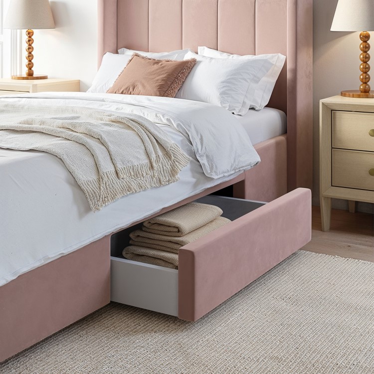 Pink Velvet Single Bed Frame with Storage Drawer - Phoebe