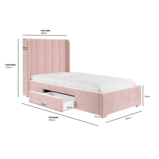 Pink Velvet Single Bed Frame with Storage Drawer - Phoebe