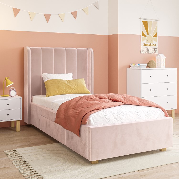 Kids Pink Velvet Single Bed Frame with Storage Drawer - Phoebe