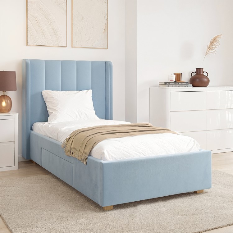 Blue Velvet Single Bed Frame with Storage Drawer - Phoebe