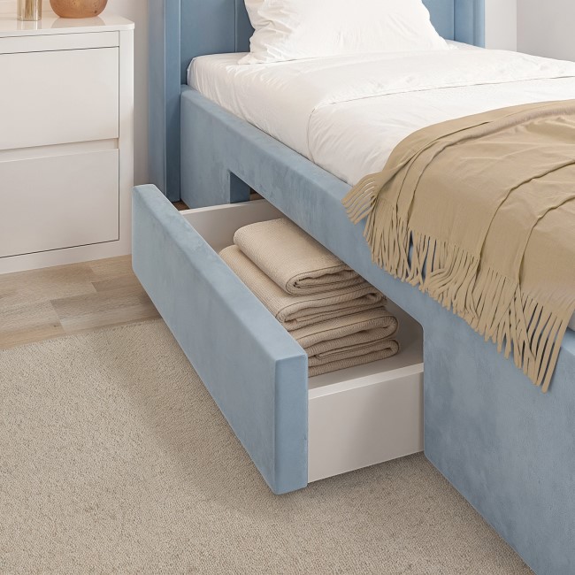 Blue Velvet Single Bed Frame with Storage Drawer - Phoebe