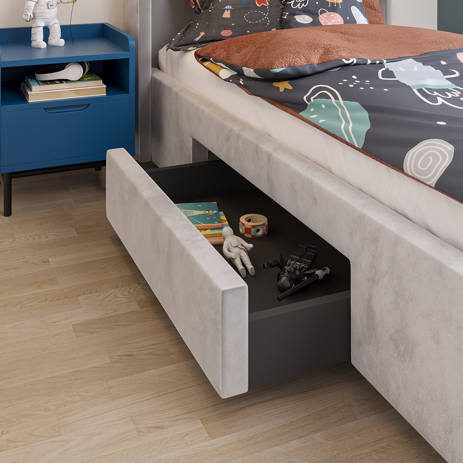 Grey Velvet Single Bed Frame with Storage Drawer - Phoebe - Furniture123