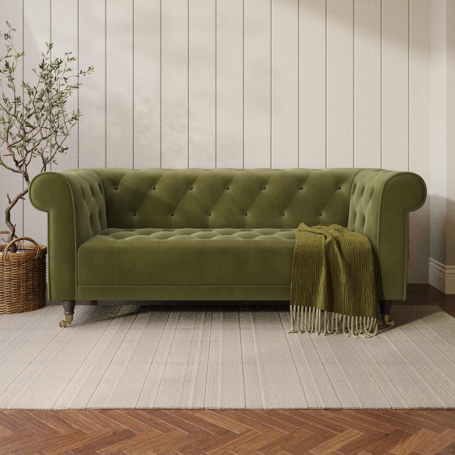 Photo of Olive green velvet chesterfield sofa - seats 3 - ophelia