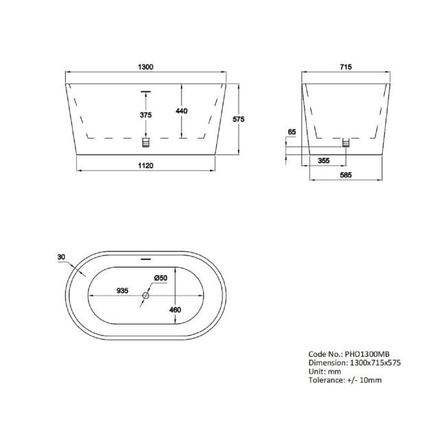 Matt Black Freestanding Double Ended Bath 1300 x 715mm - Phoenix