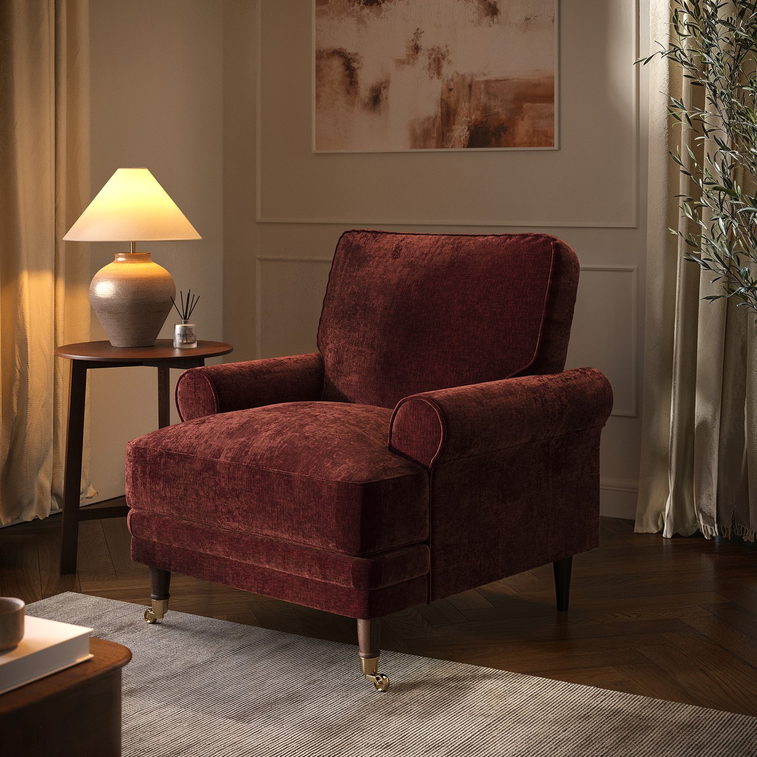 Berry Chenille Feather Filled Armchair