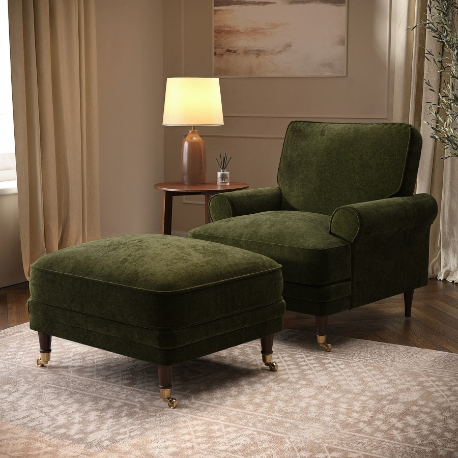 Forest Green Chenille Feather-Filled Footstool – Payton Heritage 